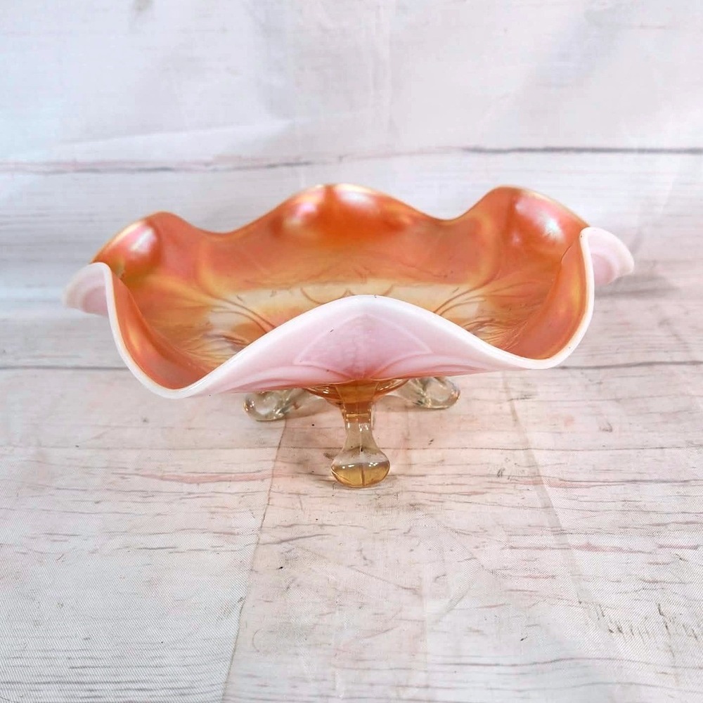 Vintage Dugan Glass Peach Opalescent Carnival Glass Cherry Design Footed Bowl